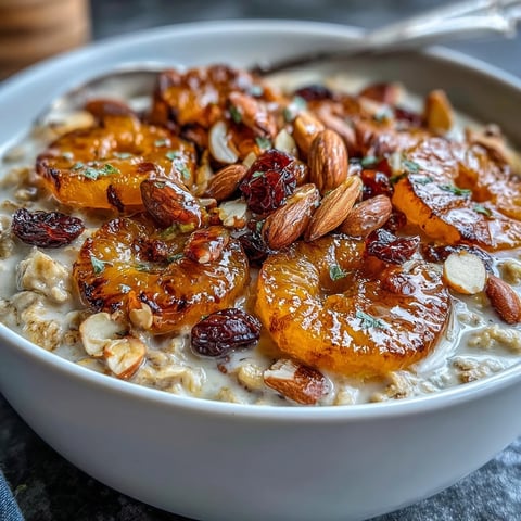 Warm bowl of candied orange oatmeal topped with dried cranberries and toasted almonds for a cozy breakfast.  
