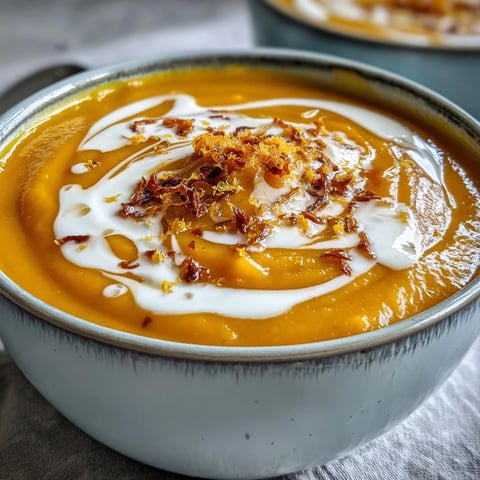 A bowl of vibrant carrot and orange soup with ginger and coconut milk, garnished with fresh coriander and orange zest.