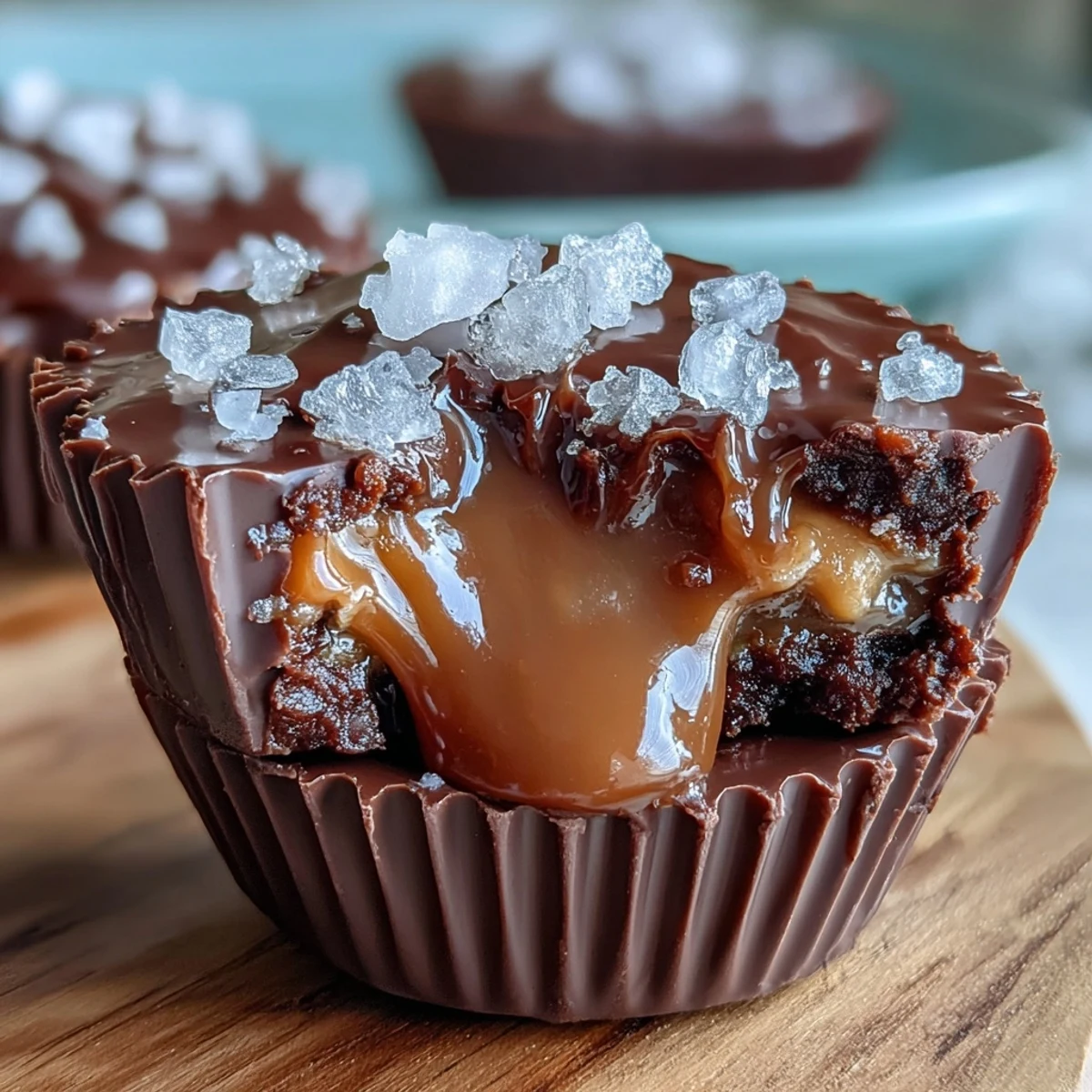 Homemade peanut butter cups filled with gooey salted caramel, topped with rich chocolate and flaky sea salt for a sweet-salty treat.