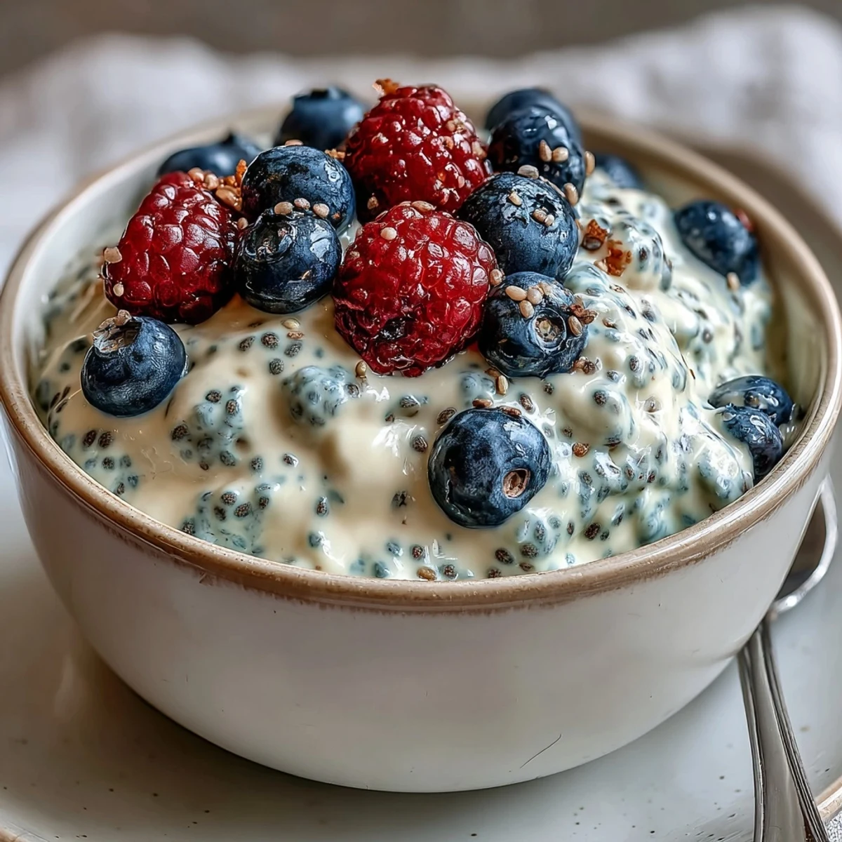 Fluffy Yogurt Chia Pudding with Vanilla Bean, a creamy and tangy breakfast treat topped with fresh berries and toasted coconut flakes.