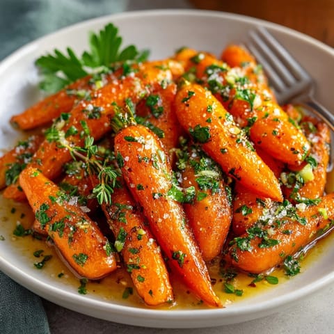 Tender honey balsamic glazed carrots with fresh herbs served warm, perfect for elegant holiday dinners.