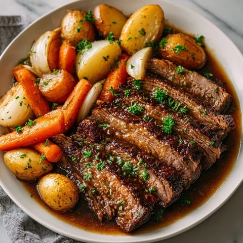 Hearty Classic Beef Pot Roast with Root Vegetables steaming alongside tender carrots and baby potatoes.