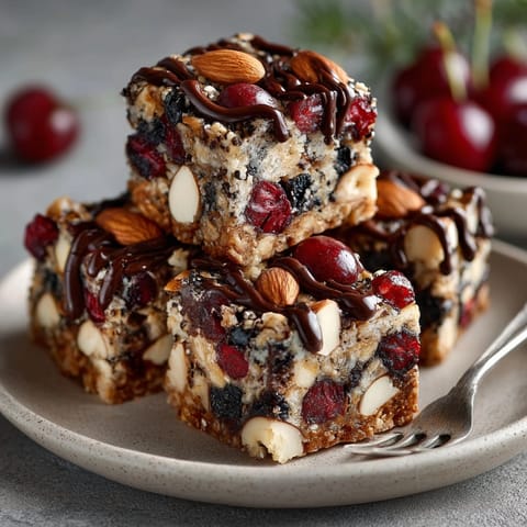A plate piled high with chewy Cherry-Coded Dark Chocolate Cranberry Energy Squares, a delightful snack.