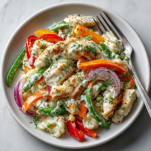 Steaming plate of 20-Minute Dill Ranch Chicken Stir-Fry with colorful bell peppers, ready to enjoy.