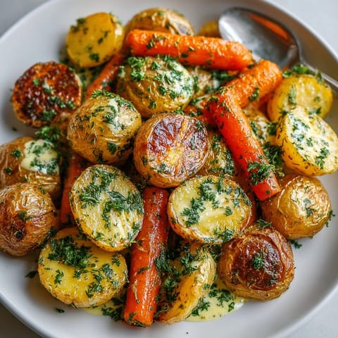 Vibrant sheet-pan dill pickle ranch potatoes & carrots, tossed in creamy dressing, perfect for any meal.