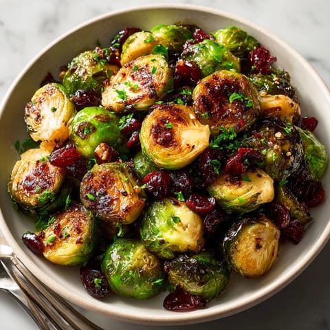 Platter of roasted Cherry-Coded Cranberry-Glazed Brussels Sprouts with a sweet and tart glaze perfectly visible.