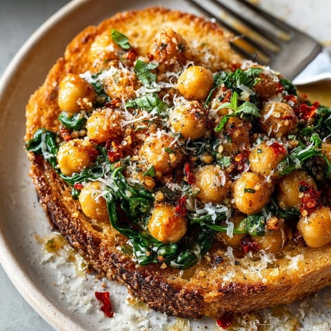 A close-up of creamy Tuscan Chickpeas served atop toasted sourdough, showcasing the rich, herbed sauce.