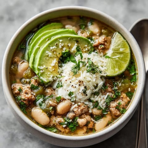 A warm, comforting bowl of One-Pot White Bean Turkey Chili Verde, garnished and awaiting your spoon.