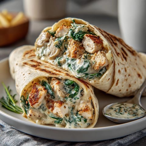 A close-up of warm Comfort Food Chicken Alfredo Wraps, ready to eat with melted cheese dripping.