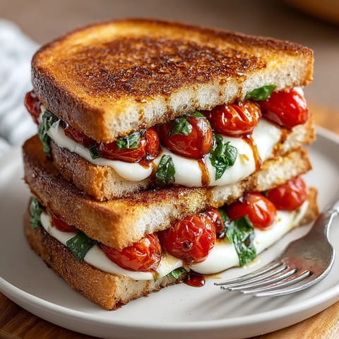 Golden, toasted sourdough bread holds the delicious cherry tomato Caprese grilled cheese, a perfect vegetarian lunch.