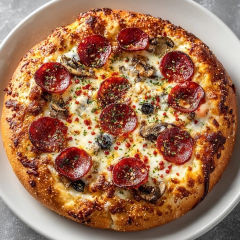 Savory Pizza Pot Pie, the pepperoni crust is crisp and holds layers of cheesy goodness.
