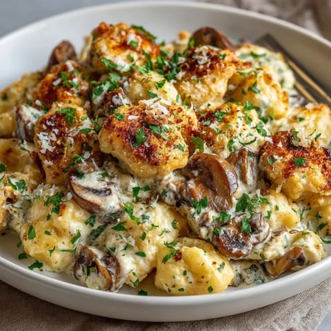 Golden-brown Creamy Chicken and Mushroom Casserole, served with fresh parsley, ready for a delicious dinner.