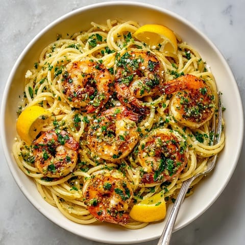Golden shrimp scampi with garlic butter nestled beside crusty bread, ready for an Italian-American dinner.
