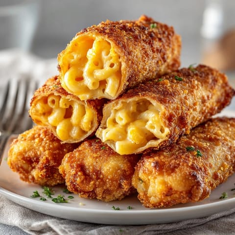 Closeup of mac and cheese egg rolls revealing gooey cheddar filling inside crunchy fried wrappers.