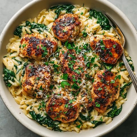 Tender chicken and orzo pasta in a rich garlic Alfredo skillet, served hot for a cozy one-pan meal.