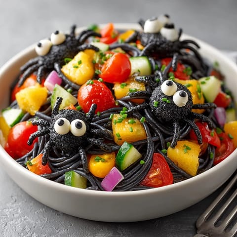Close-up shows dark Creepy Crawly Pasta Salad; fresh veggies; black olive spider decorations.