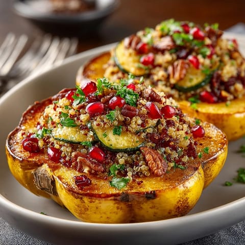 Baked Quinoa-Stuffed Delicata Squash, filled with colorful vegetables, cranberries, and herbs.