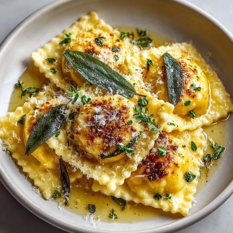 Handmade Butternut Squash Ravioli drenched in sweet sage butter, served with freshly grated parmesan.
