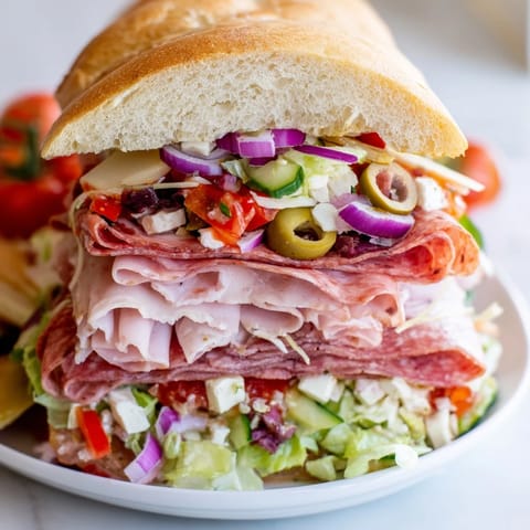 Colorful Flavor Mash-Up Sandwiches featuring Italian meats, cheeses, and fresh garden greens.  
