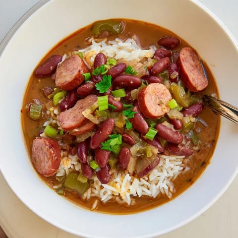 Comforting Red Beans & Rice simmered with sausage, served over fluffy white rice.  