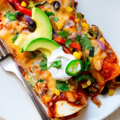 Deliciously baked Farmers Market Vegetarian Enchiladas served with lime wedges and cilantro.  