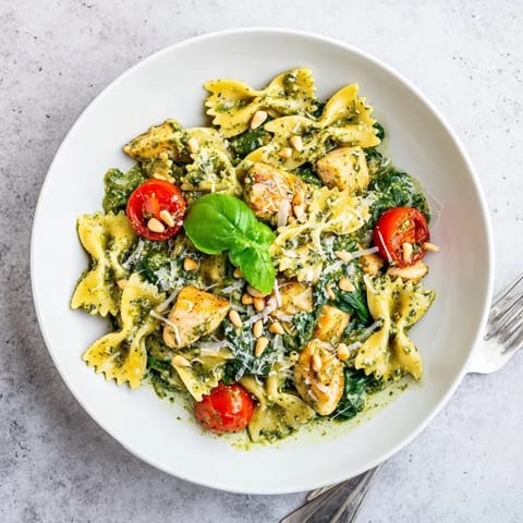 Creamy Pesto Chicken Bowtie Pasta served with cherry tomatoes and wilted spinach.  