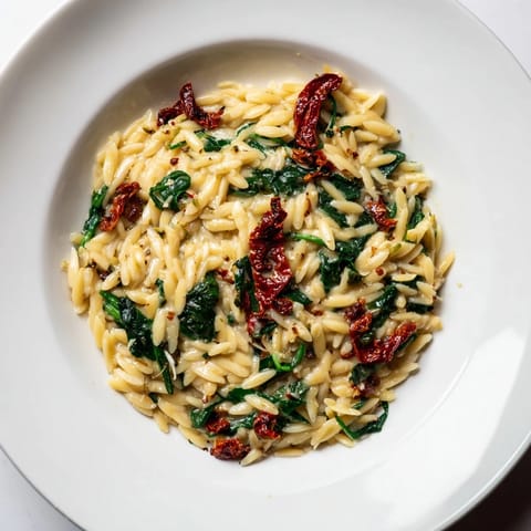 Warm and inviting Creamy Tuscan Orzo Bowl, garnished with Parmesan cheese and fresh spinach, ready to serve.