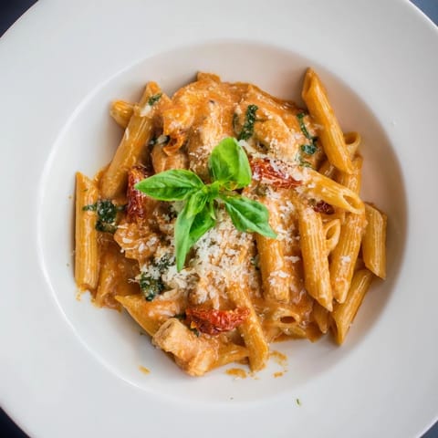 A comforting bowl of Creamy Tomato Basil Chicken Pasta with visible chicken and Parmesan cheese.