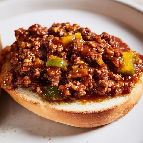 A close-up shot of a saucy, savory Sloppy Joes filling, ready to be eaten on soft buns.