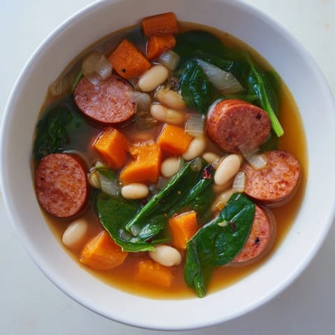 Delicious Simple Sausage and White Bean Soup served with crusty bread, perfect for a cozy dinner.