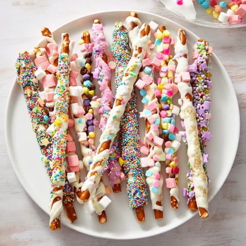 Vivid Magical Wand Candy Board: Colorful candy-covered pretzels and festive treats arranged beautifully for a dessert party.
