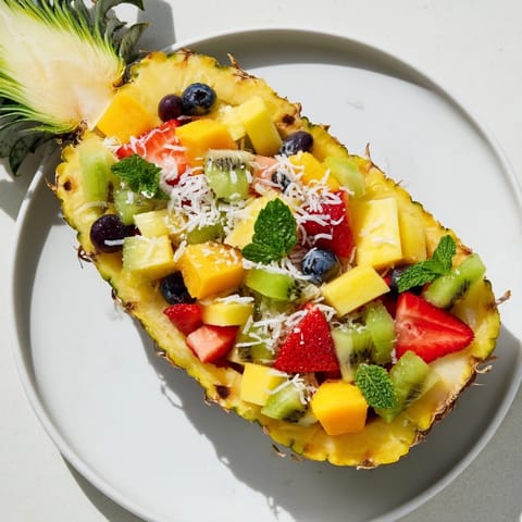 Imagine a refreshing Tropical Bliss Pineapple Fruit Boat with bright berries, cool watermelon, and lime dressing.