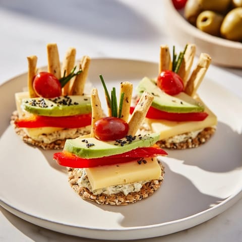These stunning Urban Skyscraper Appetizers feature layers of cheese, veggies, and crackers, drizzled with oil.