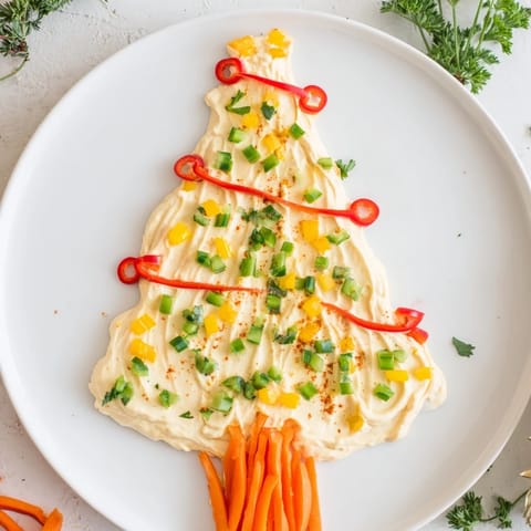 Vibrantly decorated Chili Pepper Christmas Tree Dip, boasting red chili pepper rings and cheerful bell pepper "ornaments."