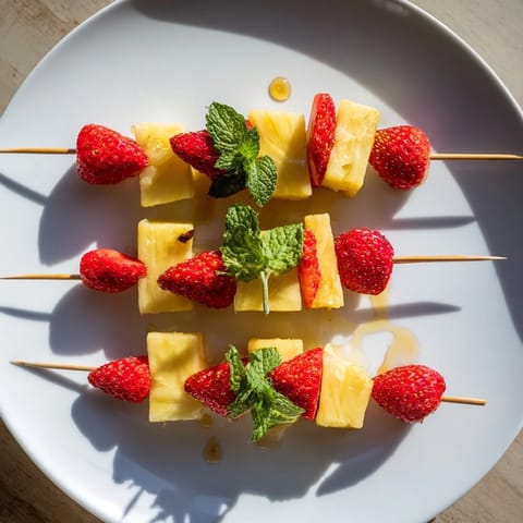 Bright red strawberry halves and golden pineapple chunks make up these delicious fruit skewers.
