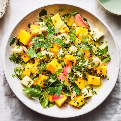 Freshly tossed Sunlit Glade salad with diced mango and apple, ready for serving guests.