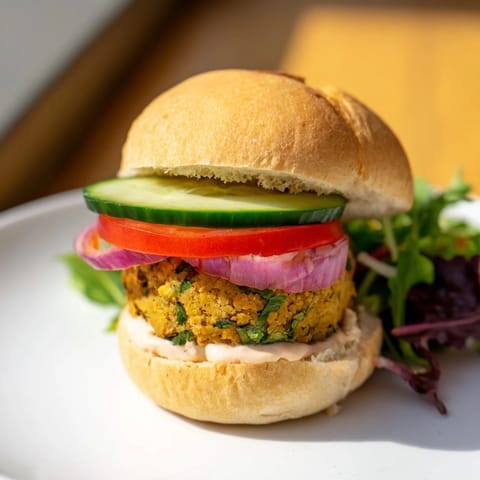Close-up of baked falafel sliders, showing a moist, spiced chickpea patty and colorful vegetable layers.