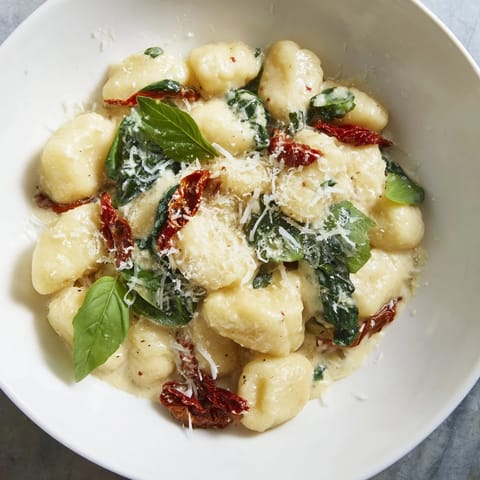 A skillet of savory Creamy Tuscan Gnocchi, the gnocchi plump, bathed in a rich Parmesan cream sauce.