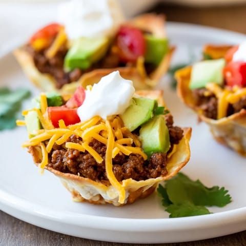 Savory mini taco cups, baked to perfection, overflowing with a delicious beef and cheese mixture.
