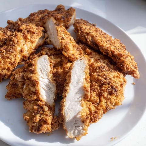 A beautiful plate of buttermilk fried chicken tenders, cooked to a perfect, juicy bite.