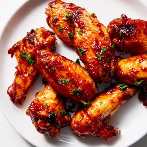 Close-up of crispy, sauce-coated Sticky Honey BBQ Wings, a perfect appetizer for sharing at a gathering.