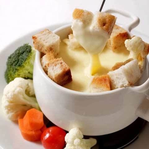 Warm, creamy Swiss Cheese Fondue with crusty bread cubes is the perfect comfort meal to share.