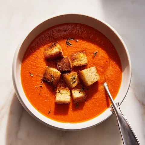 Roasted tomato soup topped with golden, crunchy homemade croutons, served hot for the ultimate comforting lunch.