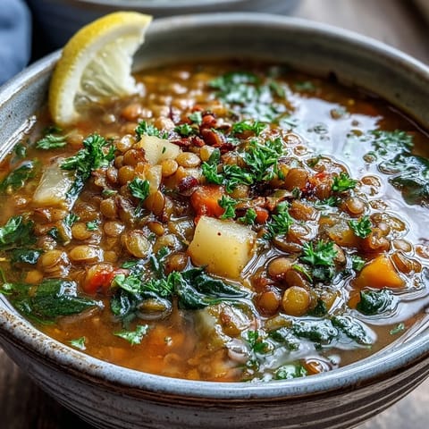 Cozy Lentil Soup, a nourishing bowl garnished with fresh parsley.