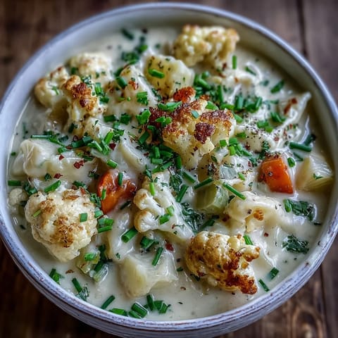 Hearty vegetarian cauliflower chowder, a warm bowl perfect for a cozy evening.