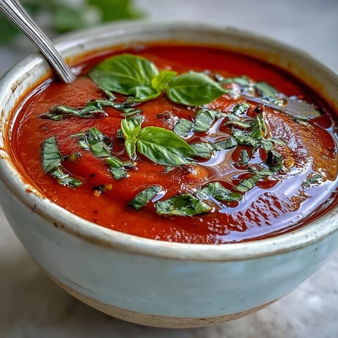 Vibrant tomato and basil soup, smooth and hot, ready for crusty bread.