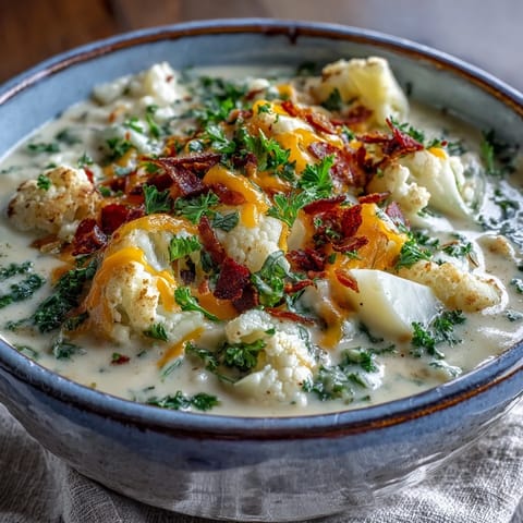 Warm Vegetarian Cauliflower Chowder in a rustic pot, showcasing a velvety texture and chunks of vegetable goodness perfect for a cozy dinner.