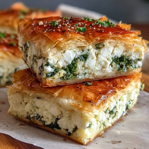 A close-up of a baked Feta and Kale Börek tart with crisp, flaky edges and green kale specks.