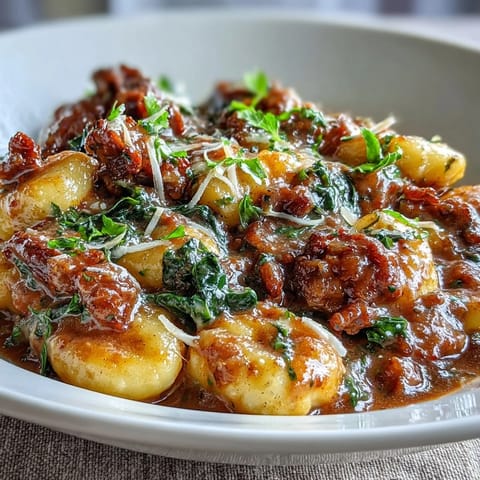 Plate of Sausage Gnocchi with Kale featuring plump dumplings in a rich tomato sauce.
