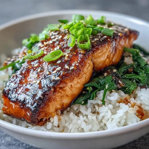 A close-up of Miso Glazed Salmon Bowl showing caramelized salmon, fragrant rice, and bright greens, with lime wedges on the side.